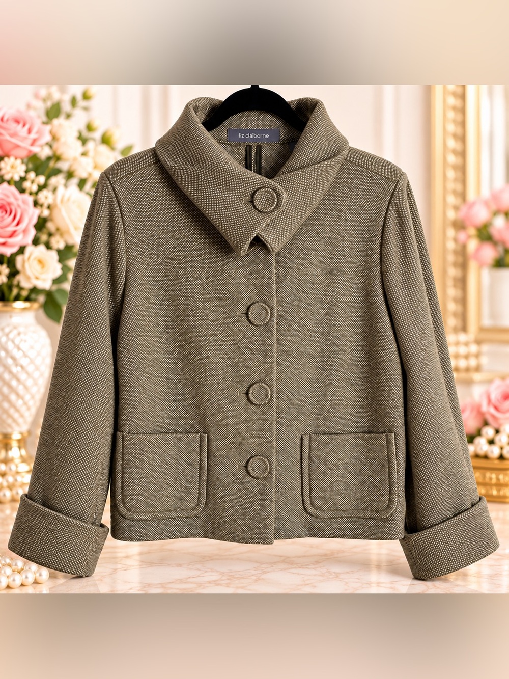 Liz Claiborne Tweed Jacket XL Neutral Taupe Olive Button Front